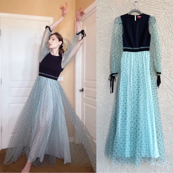 STAUD Aqua Blue & Black Long Sleeve Polka Dot Tulle Skirt Maxi Dress Gown 00